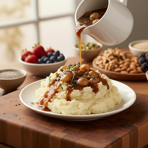 Half-Size Boiler Onion Gravy over Mashed Potatoes