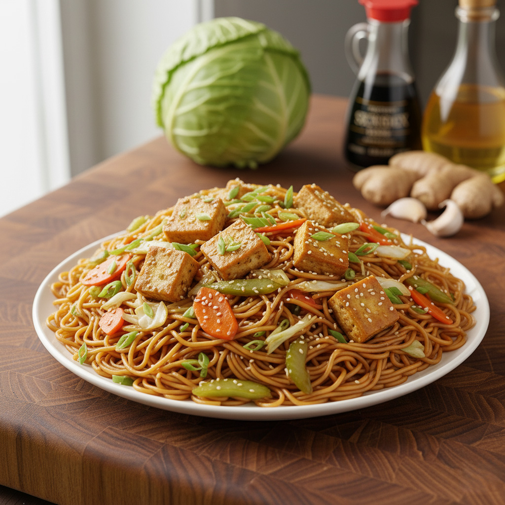 Subgum-Style Vegetable Chow Mein with Air-Fried Tofu